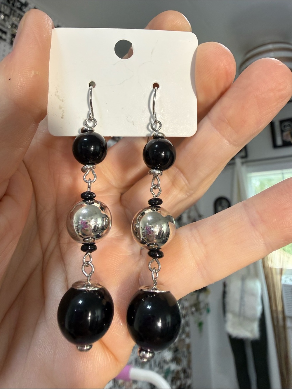 Black and Silver Dangle Bead Earrings